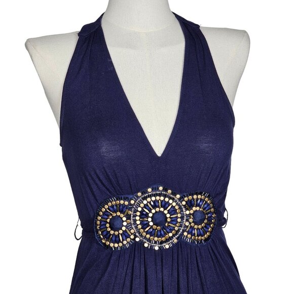 Y2K Eci New York V-Neck Jersey Beaded Waist Sleeveless Long Maxi Dress Blue Size - Picture 11 of 11